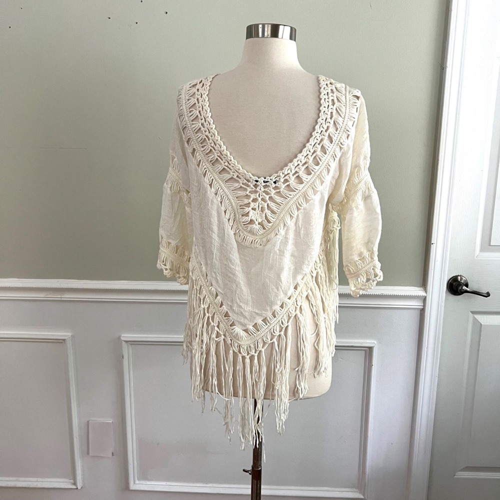 RENJO Crochet Fringe Poncho Top Women Size S Gauze V-Neck Cream Boho Festival